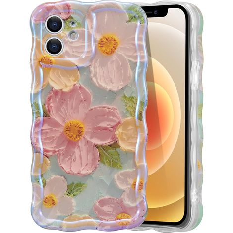 Coque pour iPhone 11, motif floral rétro coloré effet peinture à l'huile, bordure ondulée brillante, élégante et résistante, en TPU souple et durable, idéale pour femmes et filles - Vert (1/5)