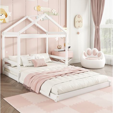 Letto a casetta bambini 140x200 cm a forma di casa con rete a doghe, in pino bianco, materasso non incluso (1/5)