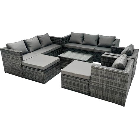 Fimous Rattan Garden Furniture Dining Set 10-seater Patio Coffee Table Sofa Set with 2 Big Stools Dark Grey Mixed (1/5)