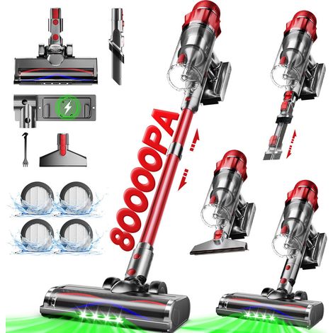 Authmic – Aspirateur balai sans fil 80000 Pa 600W – Autonomie 70 min – Niveau sonore  58 dB – Capacité 2 L – Moteur sans balais pour poils d’animaux - Rouge