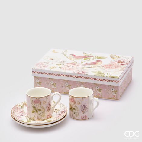 EDG Enzo De Gasperi Set 2 Tazze Caffè con Piattini Confezione Regalo Bianco Rosa