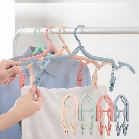 Lot de 4 cintres pliables portables en plastique antidérapant avec clips pour voyage, 4 couleurs (1/5)