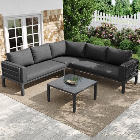 Gartenmöbel-Set, 4–5 Sitzplätze, 1 Couchtisch aus gehärtetem Glas, verzinkter Eisenrahmen, verstellbare Beine, grau