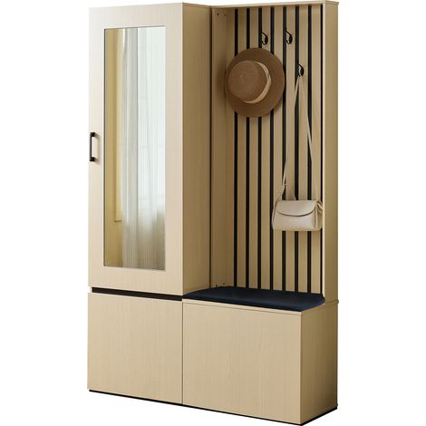 Ensemble de meubles d'entrée moderne comprenant une armoire, un miroir et un banc, avec une penderie extensible, un range-chaussures, 4 crochets et un banc rembourré. (1/5)