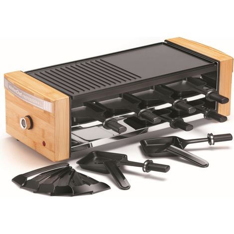 Raclette 1200w - Piastra Fonte Alluminio Antiaderente - 8 Spatole + 8 Palette - Termostato Regolabile - Corpo in Bambù - Nero/Naturale - Kitch