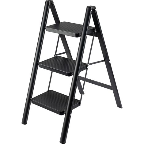 Wiltec Escalera plegable de 3 peldaños, negra, de acero, hasta 150 kg, para hogar, cocina, garaje y taller (1/5)