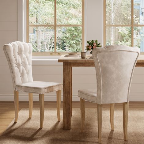 Lot de 2 Chaises de Salle à Manger en Velours, Chaises Capitonnées Style Français Vintage avec Dossier Ergonomique, Assise Rembourrée et Pieds en Bois Massif, Beige (1/5)
