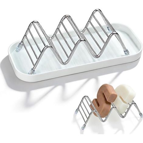 Portasapone in acciaio inox con sistema di drenaggio automatico e vassoio raccogligocce, ideale per saponette, shampoo e balsamo solidi. (1/5)