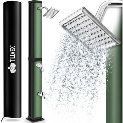 tillvex Douche solaire 20 - 35 litres - Housse de protection incluse, Douche de jardin solaire - Douche de jardin chaude - Sans raccordement électrique - Avec robinet et pommeau de douche de pluie