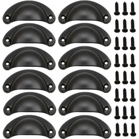 12 Stück – Schwarze Vintage-Muschelgriffe für Schubladen, Schränke, Möbel und Küche, gebogene Eisen-Muschelgriffe, 8,2 x 3,5 cm, Vintage-Möbelgriffe mit Schrauben