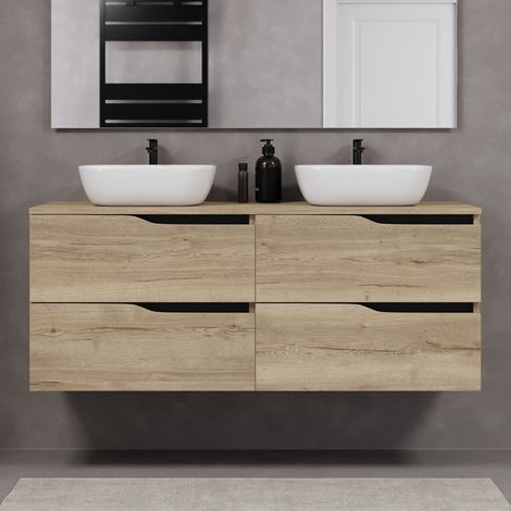 Meuble de salle de bain 140cm avec plateau et deux vasques à poser zeus - 4 tiroirs - sans miroir - madera miel (chêne clair) - LUNA (1/5)