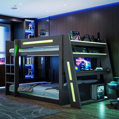 Lit mezzanine gaming 140x200 cm avec bureau - éclairage led - port usb et rangements - MDF+ Pin - Noir et vert (1/5)