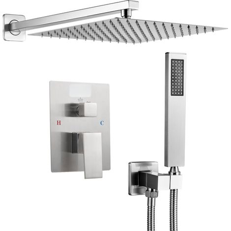 Ensemble de douche effet pluie 10 pouces avec robinetterie murale en laiton nickelé et douchette à main pour salle de bain moderne (1/5)