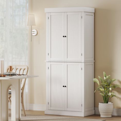 Hoher Küchenschrank mit 6 Einlegeböden und 2 Türen, Vorratsschrank mit verstellbaren Holzböden, 76 x 40,5 x 184 cm, Weiß