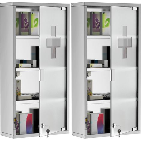 Lot de 2 armoires à pharmacie - HOMCOM - 4 niveaux - porte verre trempé, symbole croix - acier inoxydable - 30x12x60cm - argenté (1/3)