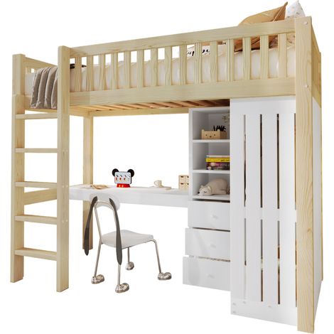Lit mezzanine en pin naturel 90x200 cm avec bureau, armoire, 3 tiroirs, rangement ouvert, escalier et garde-corps (1/5)