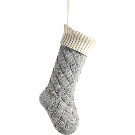 Chaussettes de Noël tricotées 45 cm, blanc et gris, grande décoration de Noël pour cheminée, gris argenté (1/5)