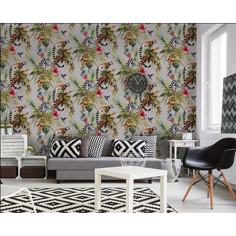Silver Multicoloured Lemur Wallpaper Monkeys Flowers Floral Trees Animals Holden (1/4)