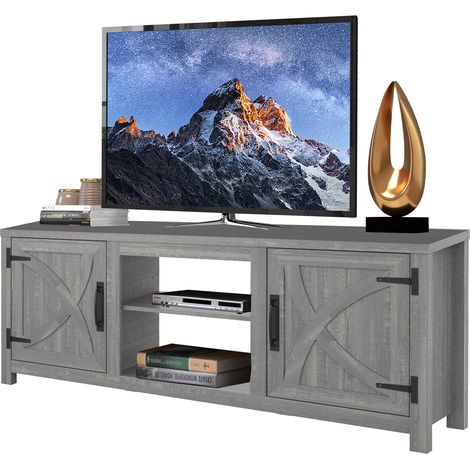 Parrot Uncle TV-Lowboard für Fernseher bis 65 Zoll, 147 x 41 x 62 cm, Grau, MDF, mit 2 offenen Fächern und 2 Türen, 54 kg Tragkraft, modernes TV-Möbel mit Stauraum