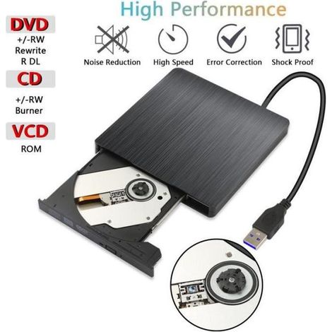 Lecteur/Graveur CD ,Lecteur DVD Externe USB 3.0 Lecteur de CD/DVD-RW Player Disqueur Compatible Windows XP/7/8/10/Vista/Linux,Mac OS (1/4)