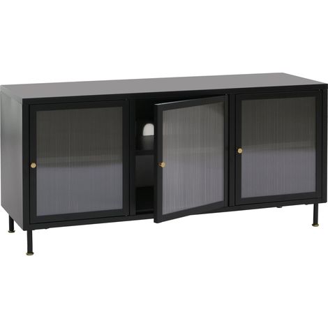 TV-Rack HHG-438, Lowboard TV-Schrank Sideboard Türen Staufächer Industrial Metall Schilfglas 58x120x40cm schwarz