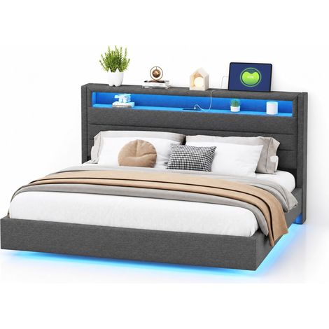 Letto Matrimoniale Imbottito 160 x 200 cm con USB, LED Regolabili e Testiera Girevole, senza Materasso, Grigio (1/5)