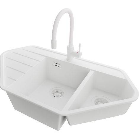 PRIMAGRAN Evier d'angle en Granit 90x50cm, Lavabo Cuisine 1,5 bacs + Kit de Vidage + Accessoire, Évier à Encastrer au meuble 70cm, Tout Blanc (1/5)