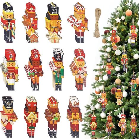 Lot de 36 pendentifs de Noël en bois casse-noisette en bois 2D - Décoration de sapin de Noël - Décoration d'intérieur festive (1/5)