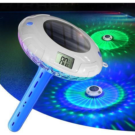 Solarbetriebene Poolleuchte mit zwei LCD-Bildschirmen, gut ablesbarem, schwimmendem Poolthermometer, 8 dynamischen Lichteffekten und wasserdichtem Digitalthermometer (IPX7).