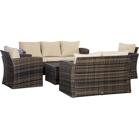 Outsunny conjunto de jardín exterior de ratán, 6 piezas incluye cojines, sofá doble, sofá 3 plazas, 2 sillones, 2 mesas auxiliares con almacenamiento