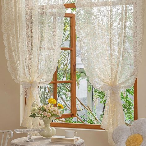 Rideau Dentelle Beige 80x130 cm – Gaze Brodée Vintage – Passe-Tringle – 1 Panneau (Tringle Non Incluse)