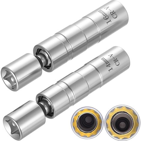 2 Pcs Douille Bougie Prechauffage 14mm 16mm, Douilles pour Bougie Allumage, Cle a Bougies Magnétique, Universelle 12 Pans 3/8 Pouces Clés à Bougies pour Voitures (1/5)
