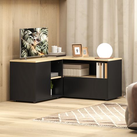 Meuble TV d'angle banc télévision jusqu'à 40 pouces avec 2 placards et 3 niches 90 x 90 x 45 cm chêne et noir (1/5)