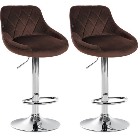 Juego de 2 taburetes de bar con costuras decorativas de rombos, asiento de terciopelo marrón y estructura de metal cromado TDB10768