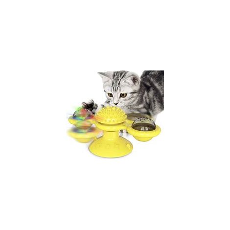 Interaktives Katzenspielzeug in Form einer Windmühle, bestehend aus einem LED-Leuchtball, Katzenminze, einem Saugnapf und einem Katzen-Trainingsspielzeug, in Gelb. – Crezuo