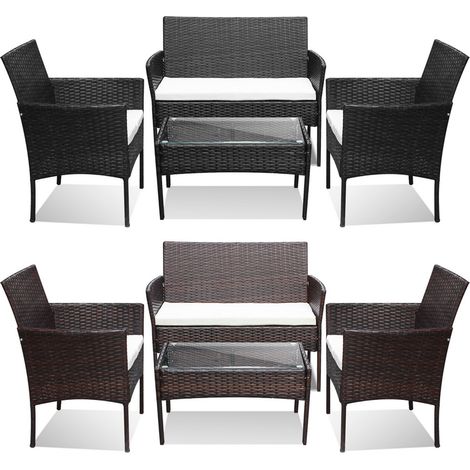 VINGO Set di mobili da giardino in resina intrecciata marrone - 4 posti - Divano + Poltrona + Tavolo + Cuscini di seduta (1/5)