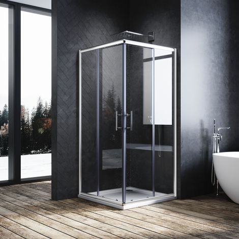 ELEGANT Sliding Corner Entry Shower Enclosure 6mm Tempered Glass 900x900mm Aluminium Frame with SMC Tray + Waste Trap
