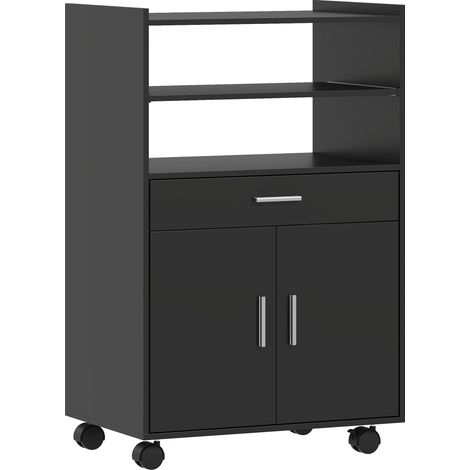 Desserte micro-ondes roulante cuisine 59 x 40 x 92 cm étagère coulissante tiroir rangement moderne épuré en MDF noir (1/5)