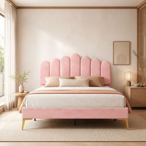 CHICFURN Letto matrimoniale 140 x 200 cm in velluto rosa con testiera regolabile, senza materasso (1/5)