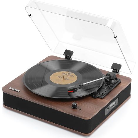 Tourne Disque, Platine Vinyle entrée et Sortie Bluetooth avec Haut-parleurs intégrés, Radio FM, Enregistrement Vinyle-MP3, Lecture USB et SD, écran LED, Noyer (1/5)
