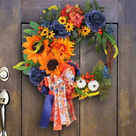Guirlande Solaire - Couronne Fleurie Bleue - Anneau en Rotin Artificiel - Décoration Porte Intérieure Extérieure - 1 Pièce (1/5)