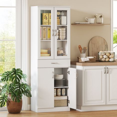 Meuble de cuisine, buffet avec étagère réglable, tiroir, 2 placards, armoire haute avec porte vitrée, 60 x 35 x 180 cm, blanc