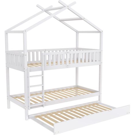 Letto casetta per bambini 90 x 200 cm in pino bianco con letto estraibile (1/5)
