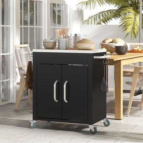 Chariot de cuisine avec roulettes, placard, plateau inox, 6 crochets chromés et 4 roues dont 2 freinées, noir, 86 x 50 x 86,5 cm, pour cuisine et salle à manger  CHICFURN (1/5)