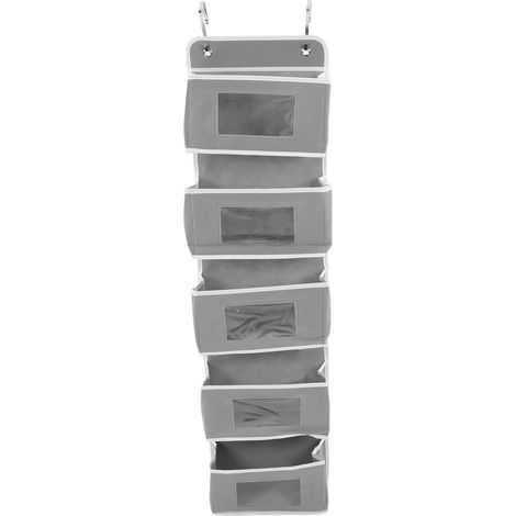 Organisateur mural à accrocher sur porte avec crochets, 5 poches grises pour rangement cuisine, placard, chambre, dortoir (1/5)
