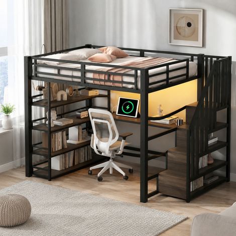 Hochbett 140x200 cm schwarz aus Metall und MDF mit Schreibtisch, Stauraum, Regalfächern und LED-Licht (1/5)