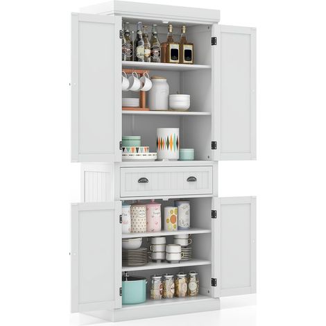 Goplus – Buffet haut de cuisine 76x40x183 cm avec 4 portes et 2 tiroirs – Étagères réglables pour rangement optimisé – Design moderne blanc - 76x40x183CM- (1/5)