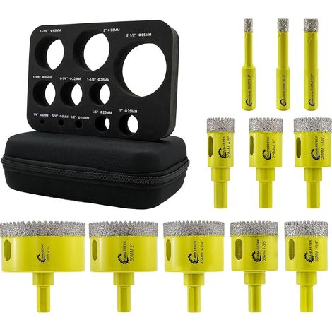 Foret Diamant Kit Trepan Carrelage - 11pcs 6/8/10/20/25/28/32/35/45/50/65mm Dentelé Scie Cloche avec Tige Triangulaire pour Carrelage Céramique Porcelaine Marbre Granit (1/5)