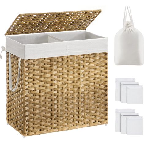 SONGMICS Cesto Portabiancheria con Coperchio, Cesta per Bucato 130L, 2 Scomparti, Sacco Estraibile con Manici, Intrecciato a Mano, in Camera da Letto, Bagno, 33 x 66 x 60 cm, Naturale LCB253N01 (1/4)