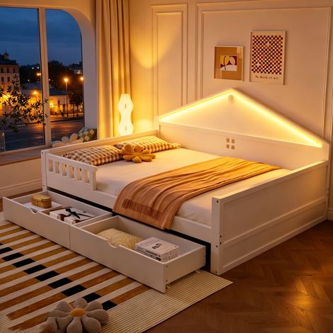Cama matrimonio 140x200 cm con LED y 2 cajones, estructura de madera y MDF, color blanco (1/5)